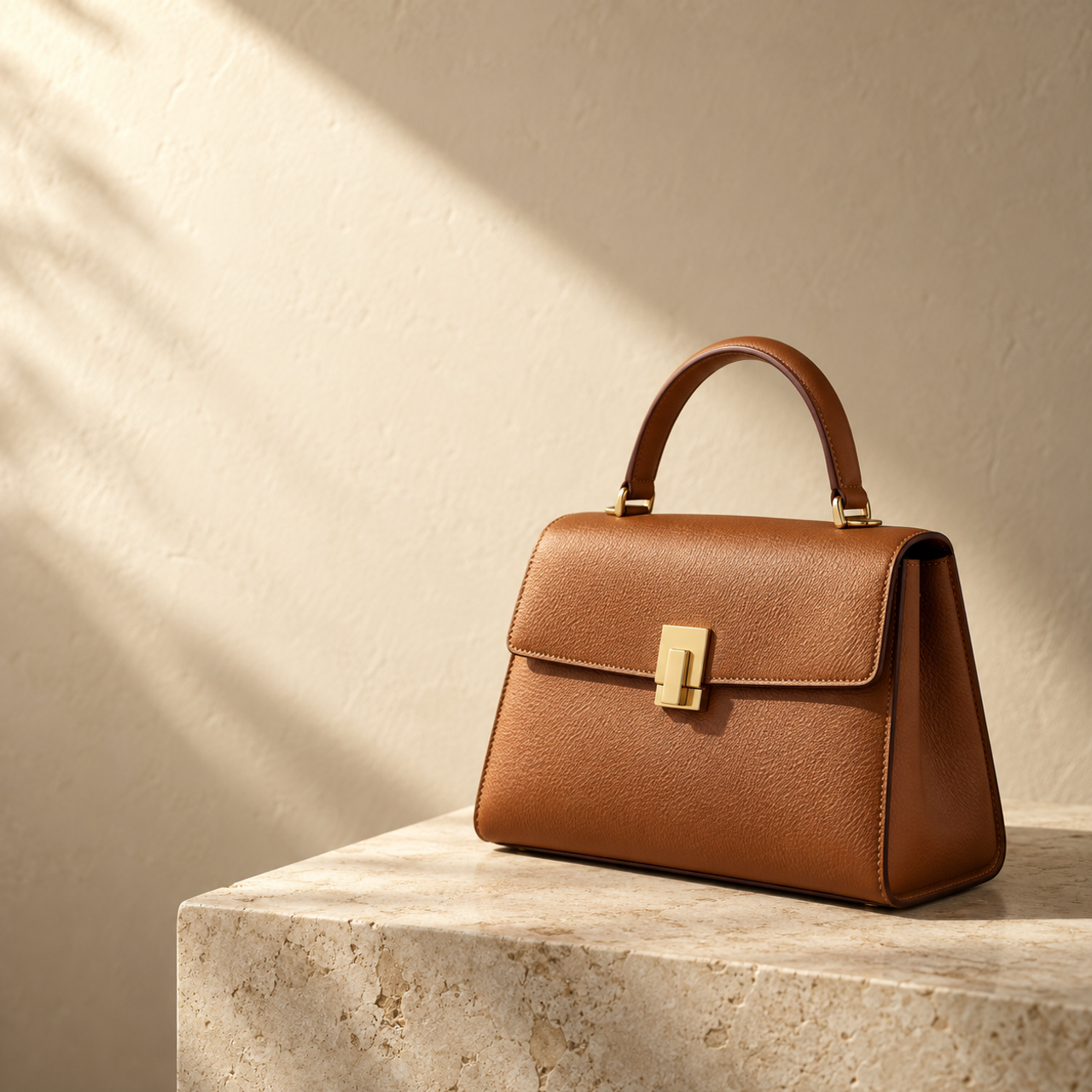 Luxury leather handbag on light stone with cinematic lighting and clean negative space for a headline.